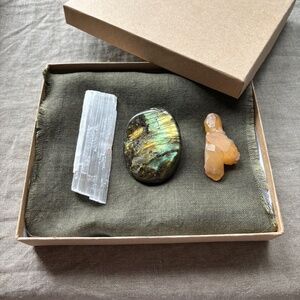 Crystal collection set of 3. Labradorite, orange quartz, selenite